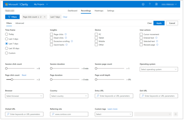 Microsoft Clarity Filtering & custom tags