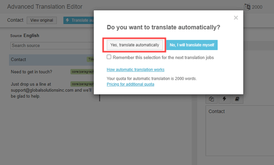 ‘Yes, translate automatically’ button