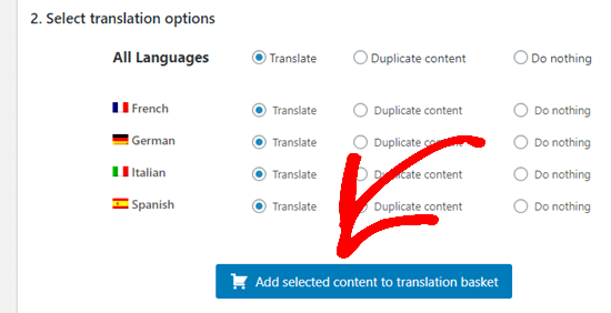Add selected content to translation basket