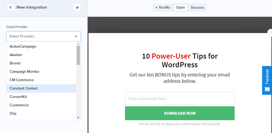 optinmonster select email provider