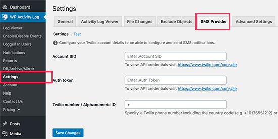 twilio settings