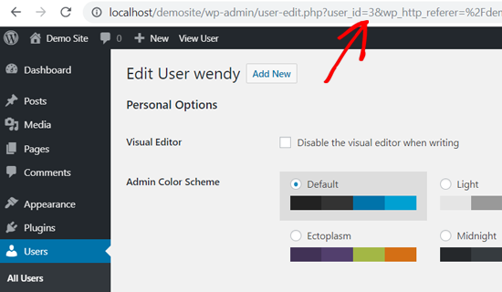 wordpress user id browser address bar