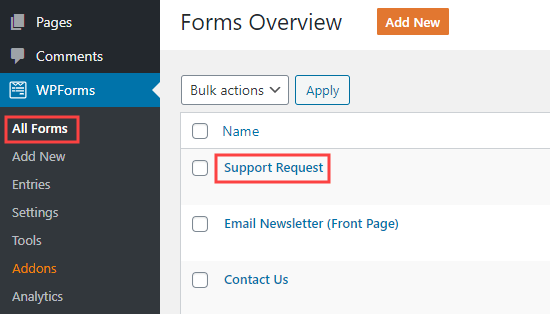 wpforms all forms edit support request form