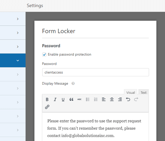 wpforms form locker password message